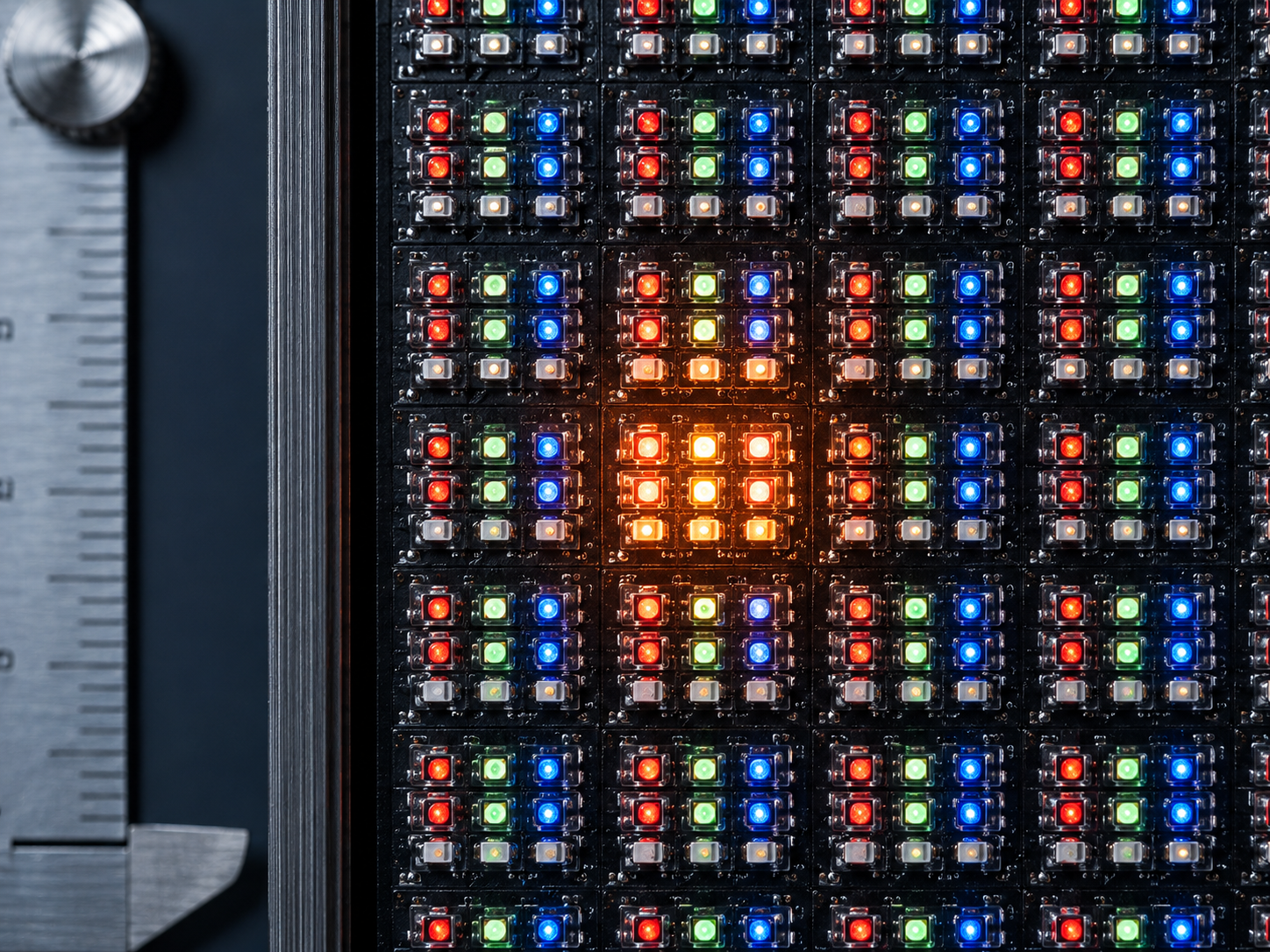 ภาพระยะใกล้ของหน้าจอ LED แสดง pixel pitch และเม็ด SMD diode — สูตรคำนวณ pixel pitch